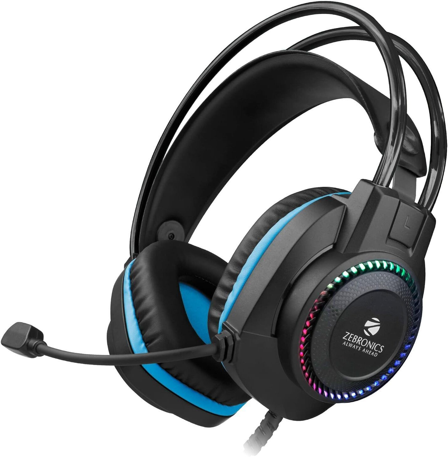 jet-premium-zebronics-original-imah6jacfygagbxf-1.jpeg ZEBRONICS Zeb-Jet� Premium Headphone,LED Headband,Suspension Design, 2 mtr 3.5mm+USB Wired Gaming (Black + Blue, On the Ear) - Image 1
