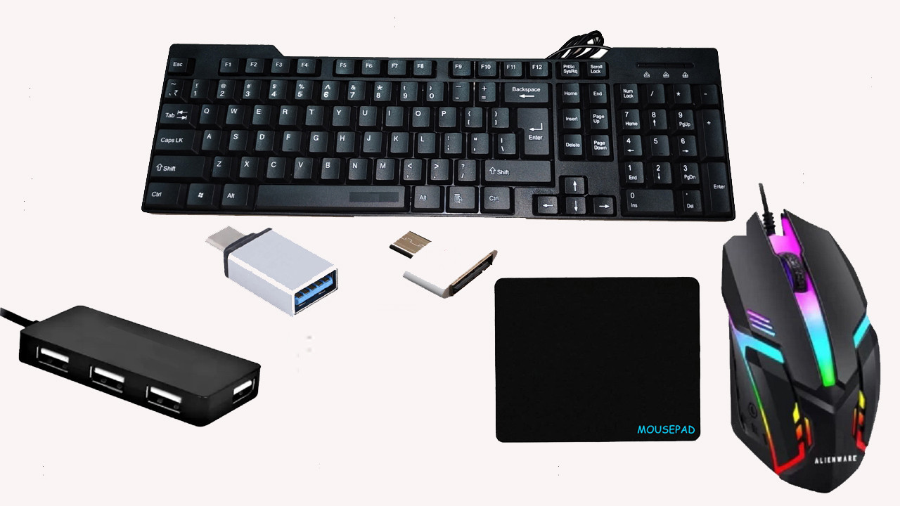 prodot-5d-combo-keyboard-rgb-mouse-usb-hub-mousepad-hdmi-type-c-original-imah96sujgpmtu9f-2.jpeg RSG PRODOT 5D COMBO - KEYBOARD,RGB MOUSE,USB HUB ,MOUSEPAD,HDMI,TYPE C & V8 OTGP Wired USB Standard Multi-device Keyboard Compatible with Desktop, Laptop, Mac stand support,FEEL - Image 1