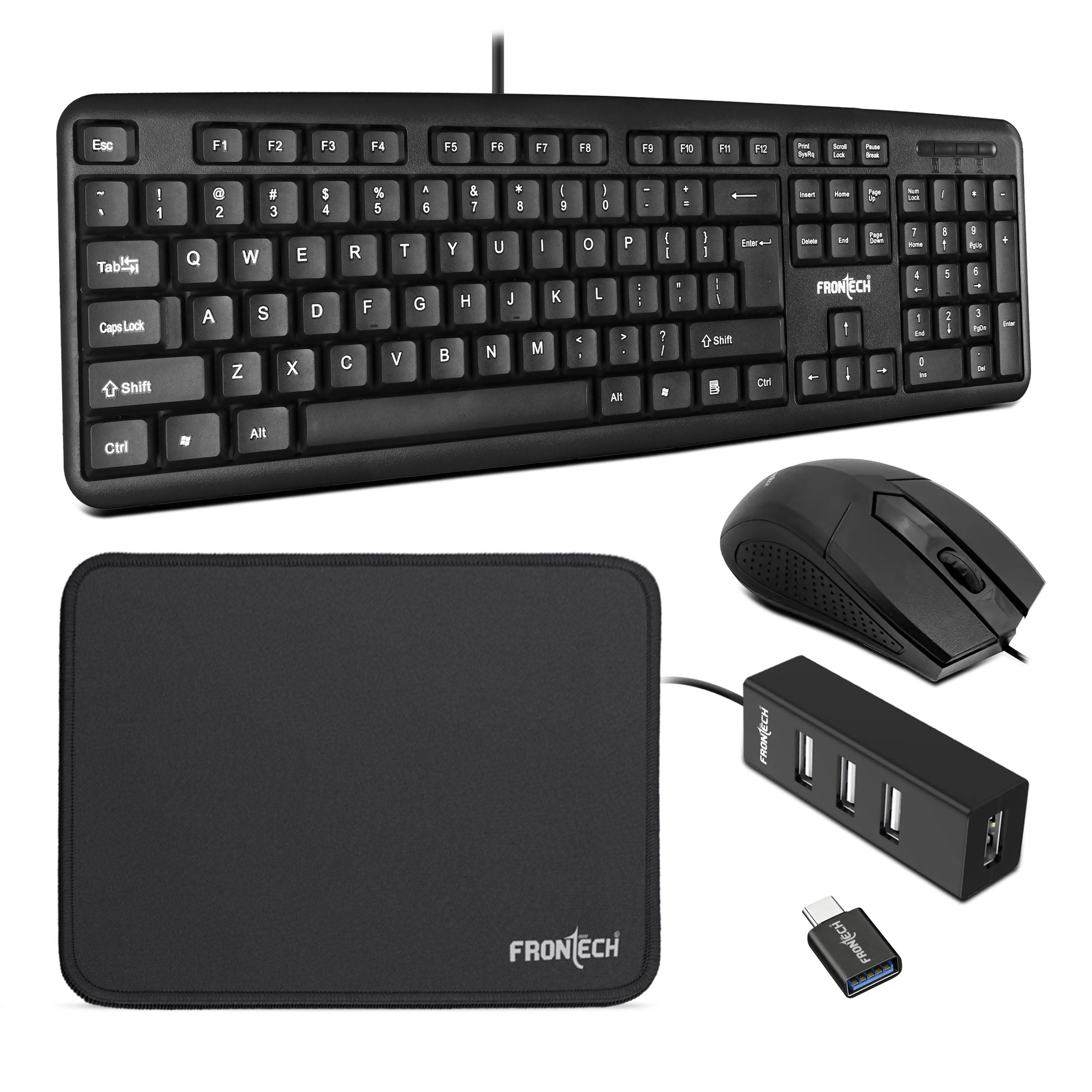 01_FT1692PC.jpg Frontech 5-in-1 Wired Keyboard & Mouse Combo with 4-Port USB Hub, Type-C to USB 3.0 Converter & Mouse Pad, 104 Keys,1000 DPI Optical Mouse, Full-Size Ergonomic Design, 1 Year Warranty, Black (FT-1692PC) - Image 1