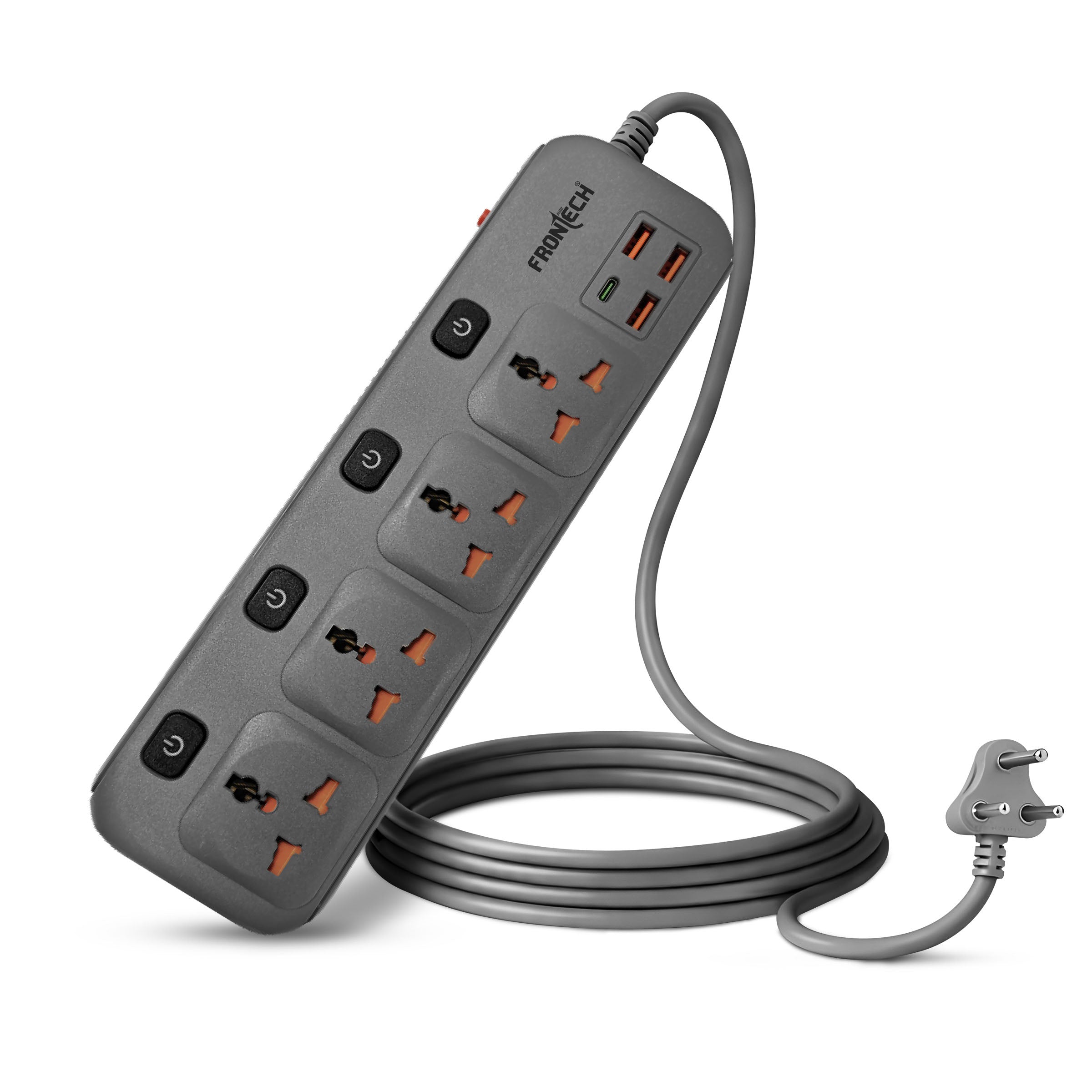 01_FT3566.jpg FRONTECH Power Extension Socket | 2500W Heavy Duty Extension Board with 4 Universal Sockets, 3 USB-A + 1 USB-C Ports, Individual Switches, 3 Meter Copper Cable | 1 Year Warranty (FT-3566) - Image 1