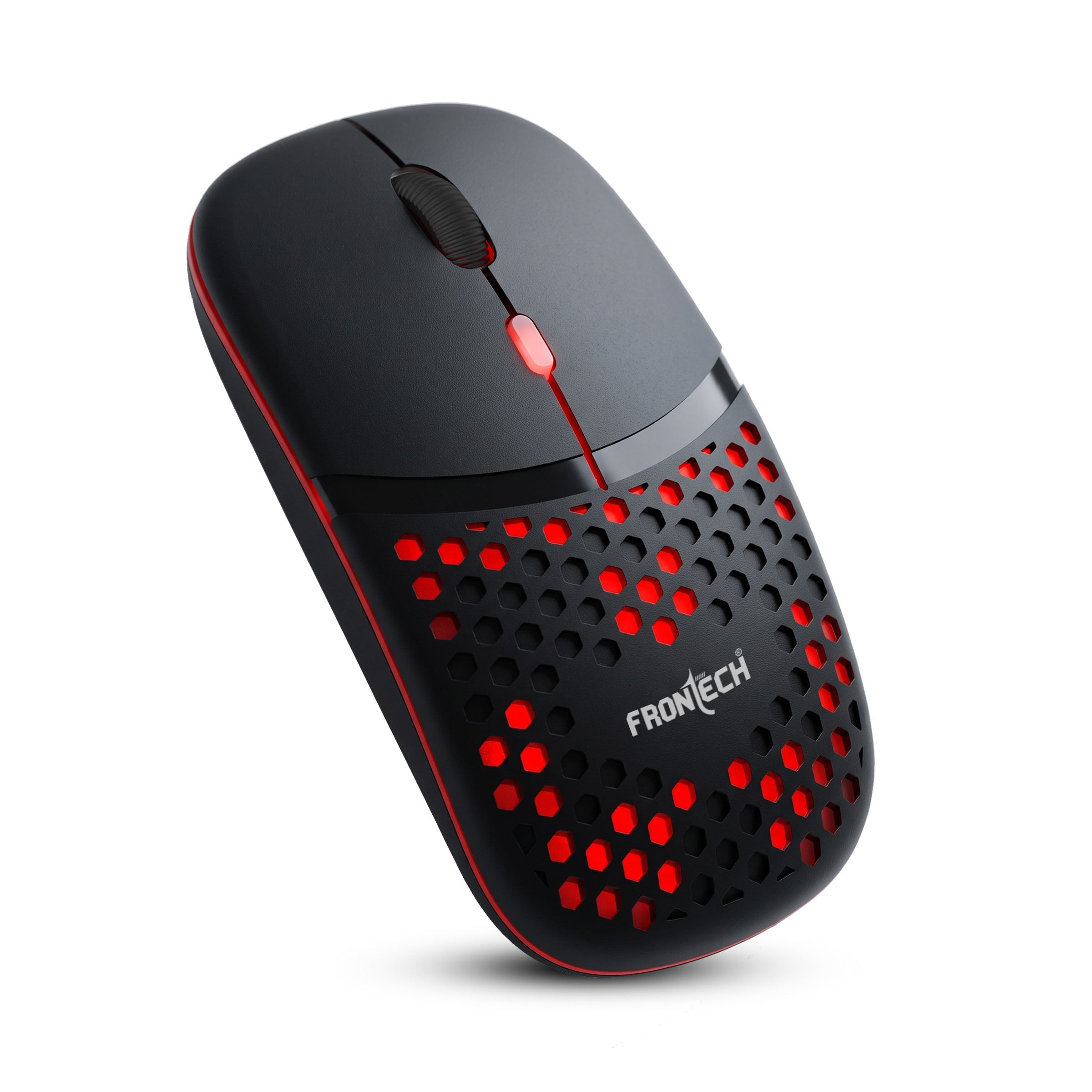 01_MS0077.jpg Frontech Rechargeable Wireless Bluetooth Mouse Red LED Backlight, 1600 DPI Type-C Fast Charging for PC, Laptop, Tablet, Dual Mode Silent Ergonomic Honeycomb Optical Mouse, 1 Year Warranty (MS-0077) - Image 1