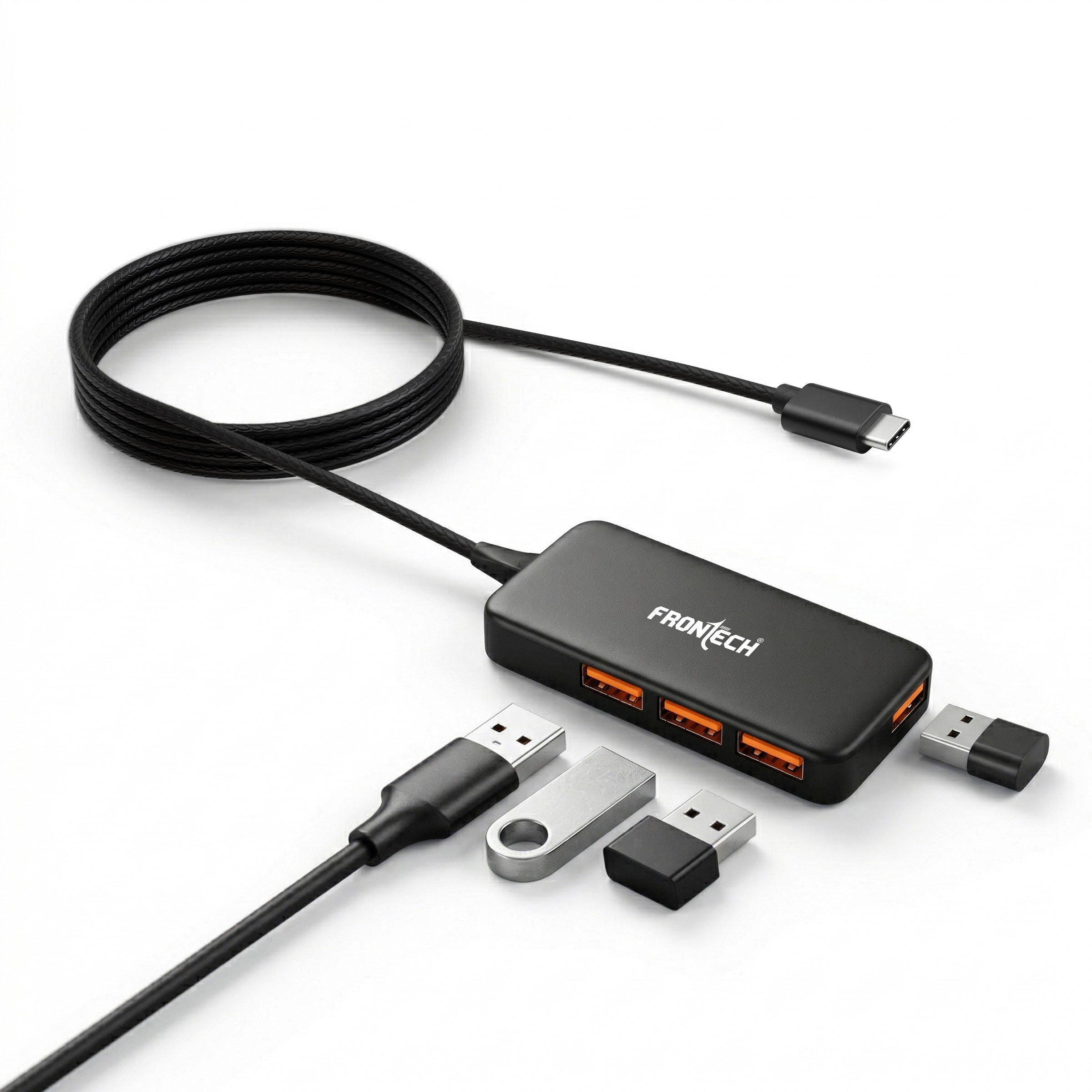 01_NC0083.jpg Frontech 4-in-1 USB Hub | Type-C to 4× USB 2.0 Ports | 480Mbps Data Transfer | 1.5m Long Braided Cable | Plug & Play | Compact & Lightweight Design | Laptop, PC & Tablet Compatible | 1 Year Warranty (NC-0083) - Image 1