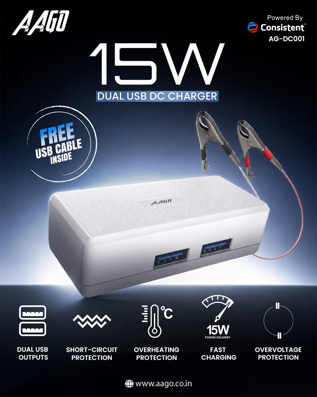 15WDCCHARGER_jpg.jpg AAGO 15W Dual USB DC Charger | Dual USB Fast Charger | AG-DC001 - Image 1