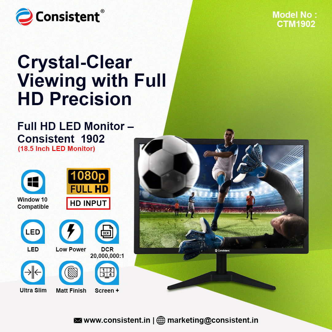 1902_monitor_copy.jpg Consistent 1902 18.5 Inch LED Monitor | Refresh Rate 60 Hz,1440 x 900 Pixels | Wall Mountable Slim & Stylish Design with 16.7M Colors | HDMI & VGA Ports | Screen Size : 47Cm - Image 1