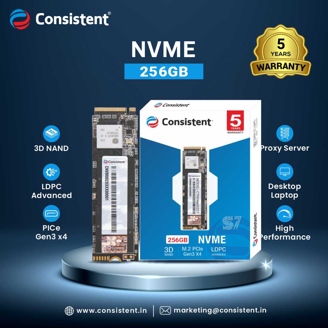 256NVME.jpg Consistent 256GB NVMe PCIe M.2 SSD 2280, 3D NAND with SLC Cache, Up to Read Speed 2200MB/s & Write Speed 3000MB/s, 5 Years Warranty. - Image 1