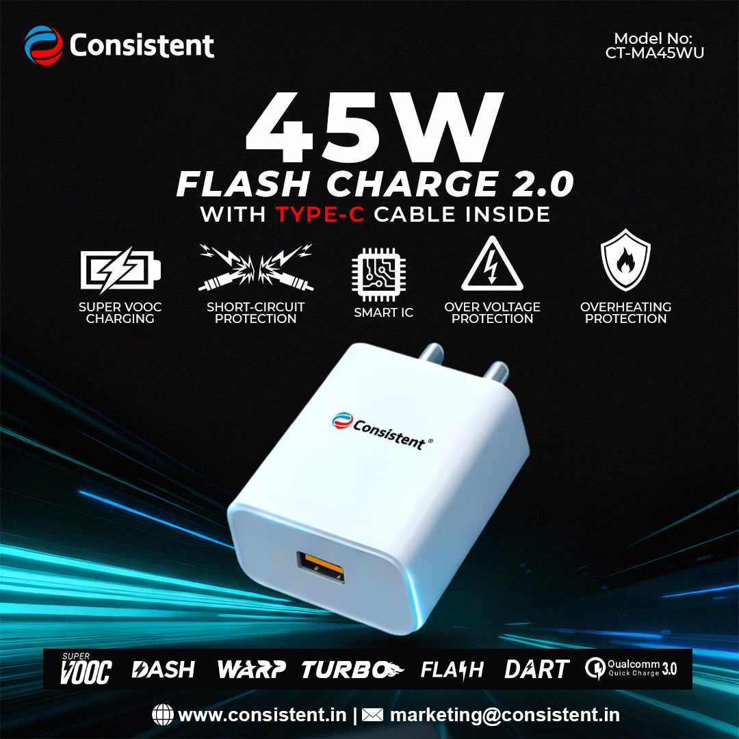 45wflashcharge2.0edmcopy.jpg CONSISTENT 45W FLASH CHARGER 2.0 WITH TYPE-C CABLE INSIDE (CT-MA45WU) - Image 1
