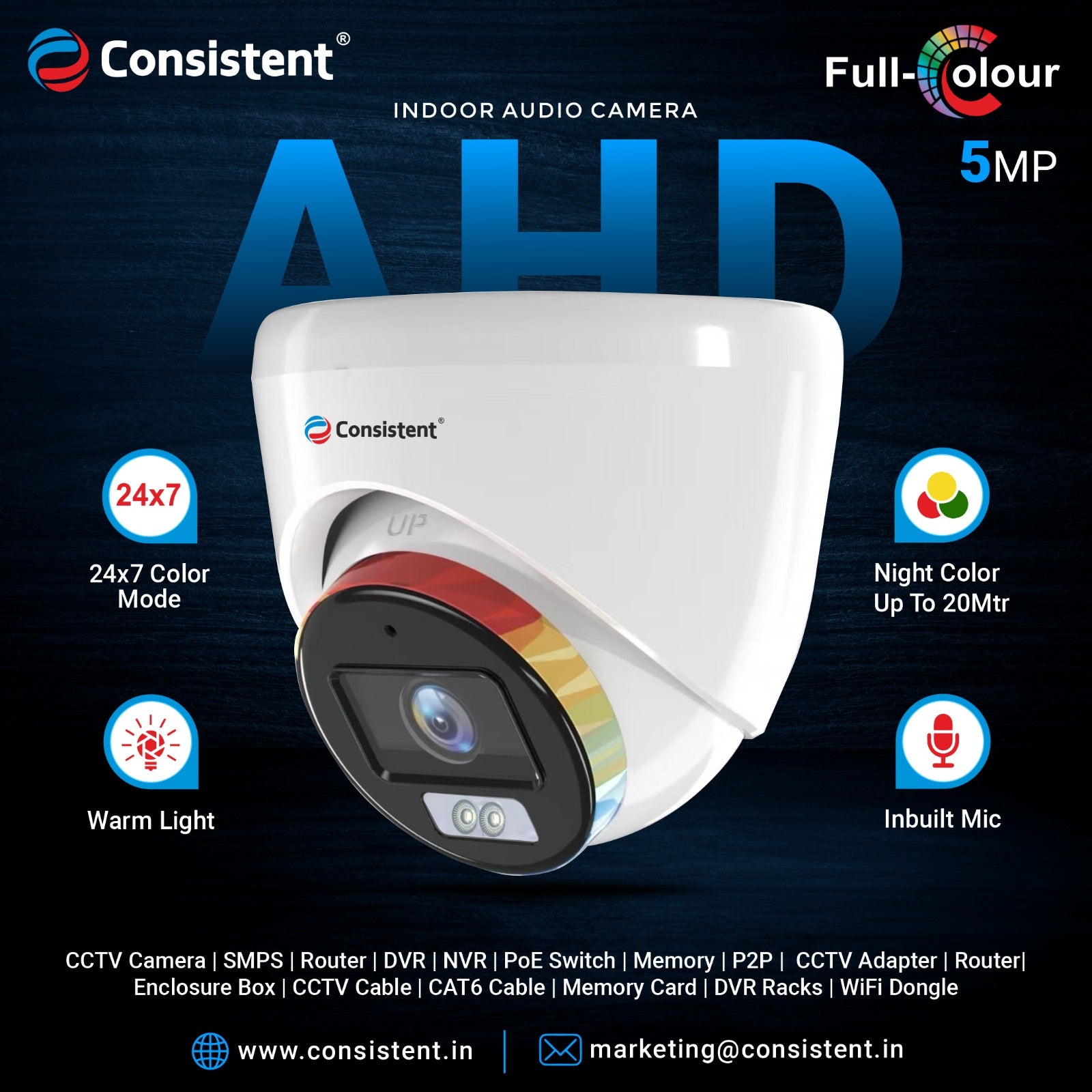5MPAHDDome.jpg Consistent 5MP CCTV AHD DOME CAMERA (CTCMHDW5MPA), | Support: Audio (TVI , CVI) | Multiple Angle Adjustment | 3D Noise Reduction | Lens 3.6 mm Fixed lens. - Image 1