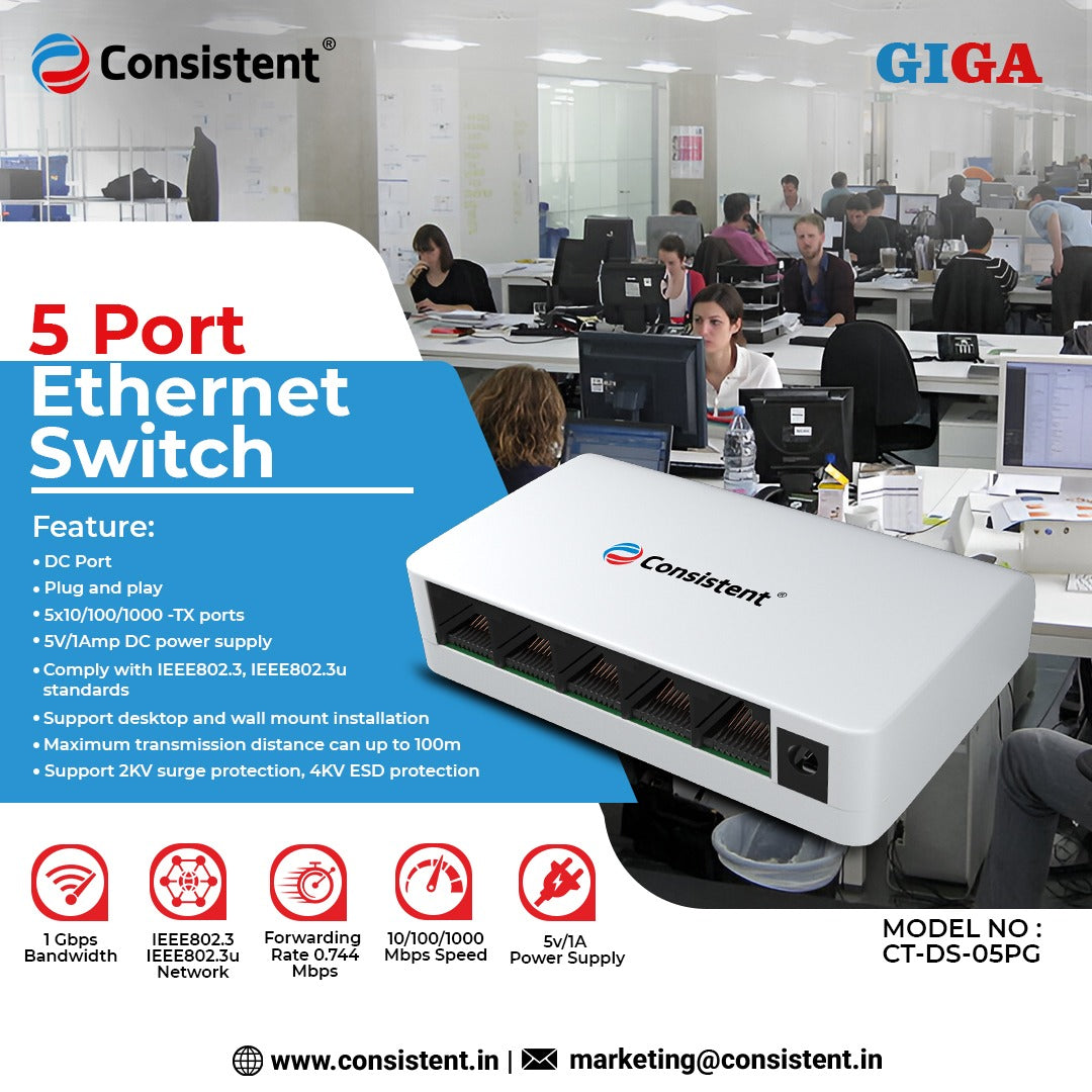 5PortEthernetGIGASwitch.jpg Consistent Desktop 5 Port Ethernet GIGASwitch (CT-DS-05PG) 5V/1A Power Suppy, 10/100/1000Mbps Speed, Forwarding Rate 0.744Mbps, 10 Gbps Bandwidth, IEEE802.3,IEEE802.3u Network. - Image 1