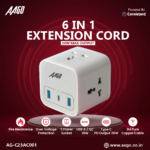 AAGO 6 in 1 Extension Cord with 20W Type-C PD & QC Fast Charging 2 Meter (AG-C23AC001)