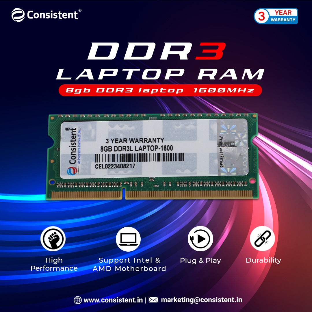 8GB_DR3_1600_LRAM.jpg Consistent 8GB DDR3 1600 Laptop RAM, Easy to Install: Plug-and-play installation, No Additional Drivers Required with 3 Year Warranty, perfect for upgrading your old computer. - Image 1
