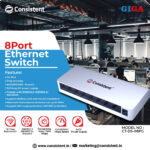 Consistent Desktop 8 Port Ethernet GIGA Switch (CT-DS-08PG) 5V/1A Power Suppy, 10/100/1000Mbps Speed, Forwarding Rate 1.1904Mbps, 1.6 Gbps Bandwidth, IEEE802.3u Network.