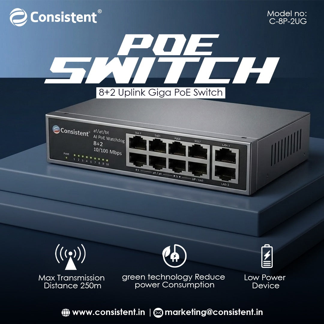 WhatsAppImage2026-03-24at5.51.54PM_1.jpg Consistent 8+2 Uplink Giga PoE Switch (C-8P-2UG) | AI PoE Watchdog | 250m Range - Image 1
