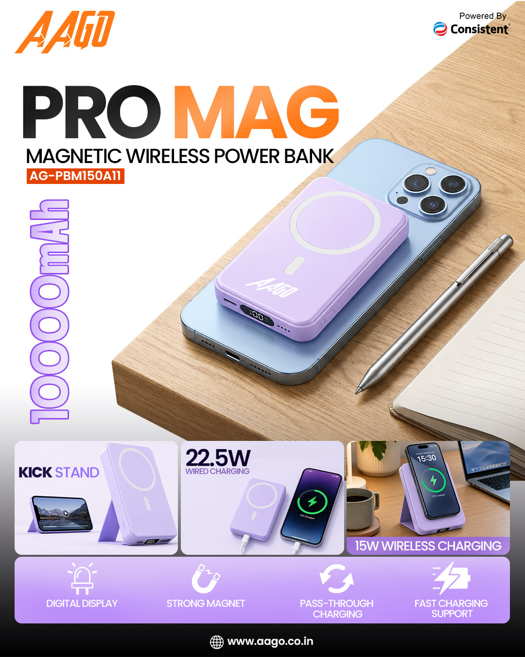 aagopromagpurplepptcopy.jpg_1.jpg AAGO PRO MAG 10000mAh Magnetic Wireless Power Bank with 15W Wireless Charging & 22.5W Fast Charging (AG-PBM150A11) - Image 1