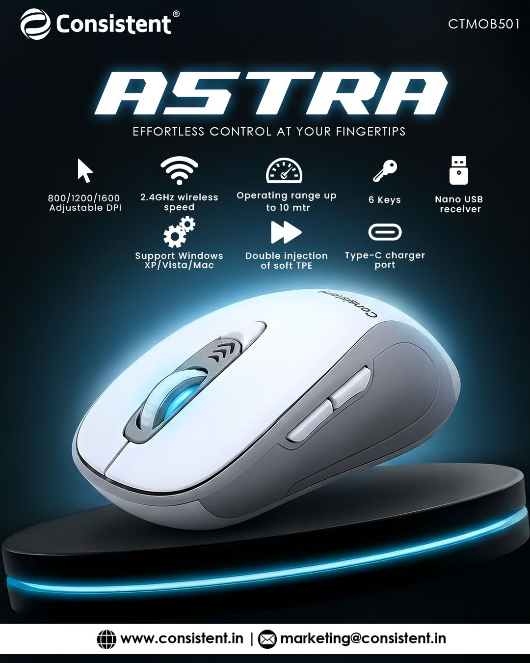 astrawhtedm.jpg Consistent Astra Wireless Mouse(CTMOB501)-White - Image 1