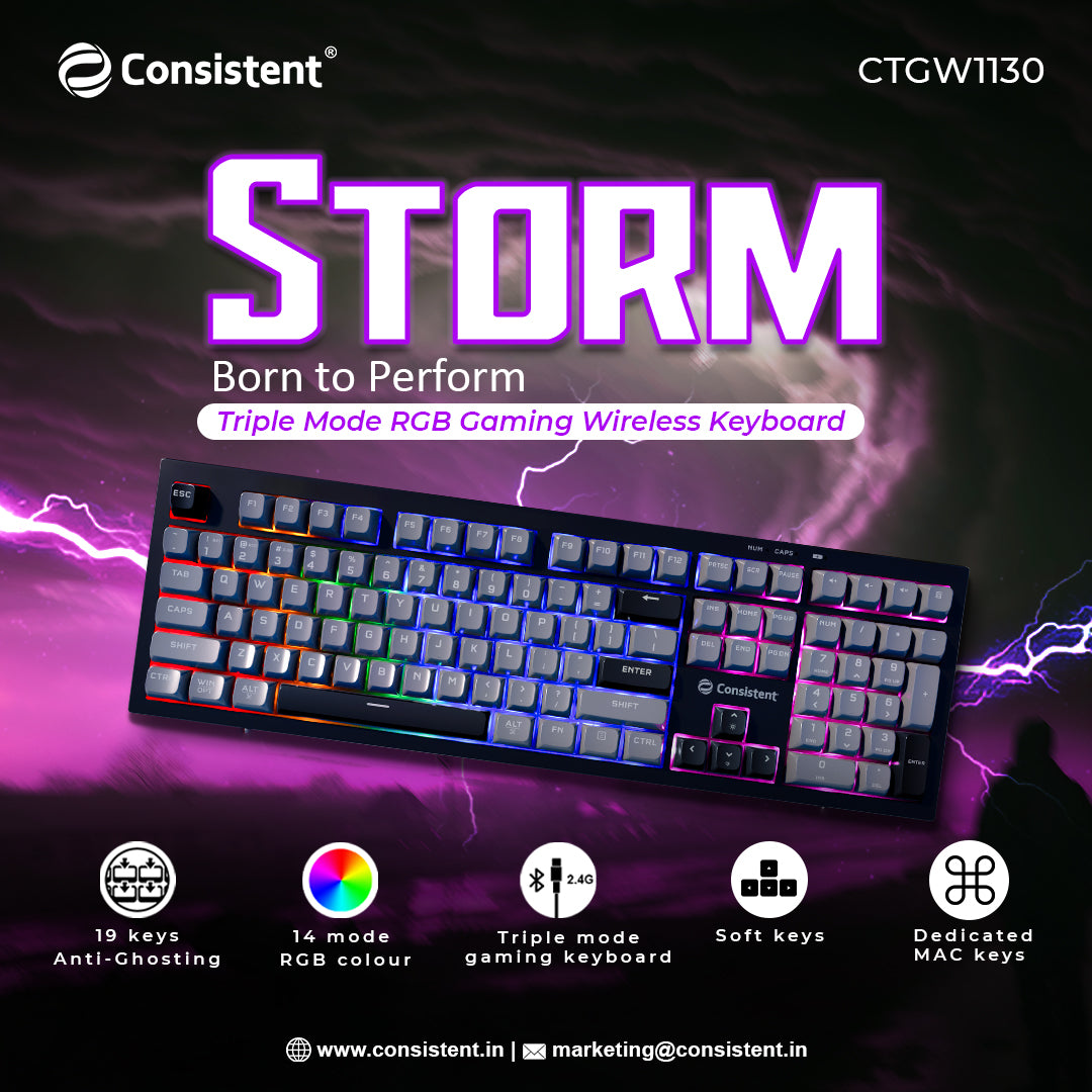 storm_keyboard_copy_renew.jpg Consistent STORM Gaming Triple Mode Wireless RGB & MAC Support Keyboard for Windows, USB Plug-and-Play, Keystrokes, RGB lighting, Stylish Slim Design, 19 keys Anit-Ghosting. - Image 1